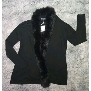 Duffield Lane Women's Open Cardigan Size L Cashmere Blend Faux Fur Collar NWT